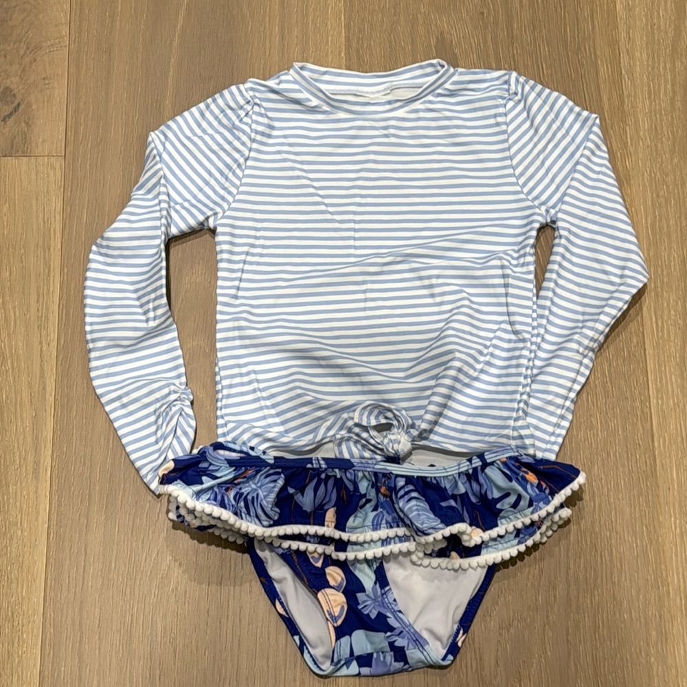 Snapper Rock, Mango Tango - Powder Blue striped swim guard with ruffle bottoms